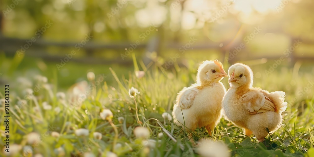 Dwarf chickens posing outside on grass in the warm spring sunlight Dwarf chickens posing outside on grass in the warm spring sunlight