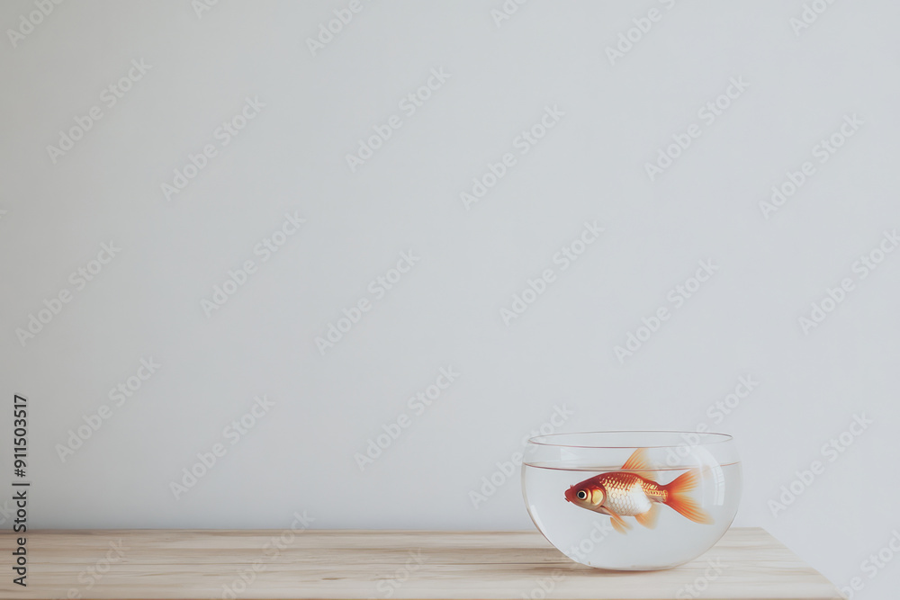 An isolated goldfish swimming inside a small, transparent glass bowl placed on a wooden surface with a plain background, conveying simplicity and focused contemplation. An isolated goldfish swimming inside a small, transparent glass bowl placed on a wooden surface with a plain background, conveying simplicity and focused contemplation.