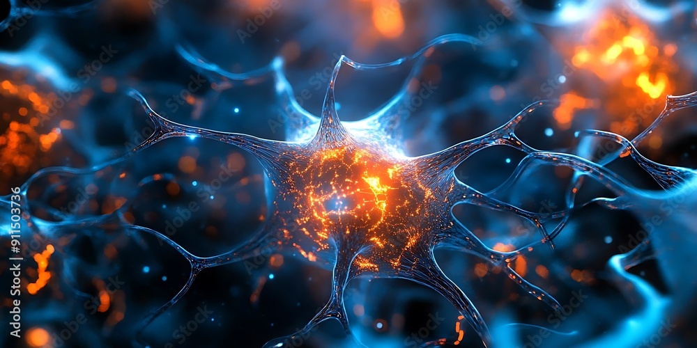 Glowing Neuron Network: Microscopic View of a Nerve Cell Glowing Neuron Network: Microscopic View of a Nerve Cell
