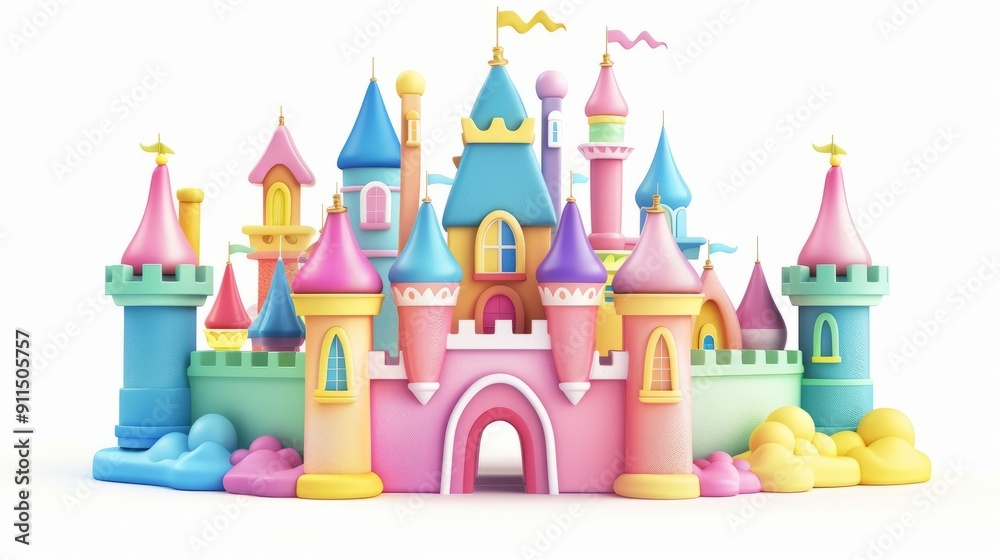 Colorful fairytale castle with vibrant pastel towers, turrets, and flags against a white background. Perfect for children's storybooks or themes.