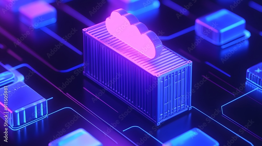 Futuristic digital representation of cloud computing container on a tech circuit board. Glowing neon technology concept. Futuristic digital representation of cloud computing container on a tech circuit board. Glowing neon technology concept.