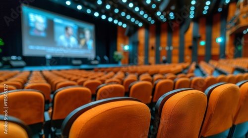 Empty auditorium with rows orange seats facing a large screen, stage is set for conference or presentation, clean modern setting is ready for event, reflecting anticipation and readiness.