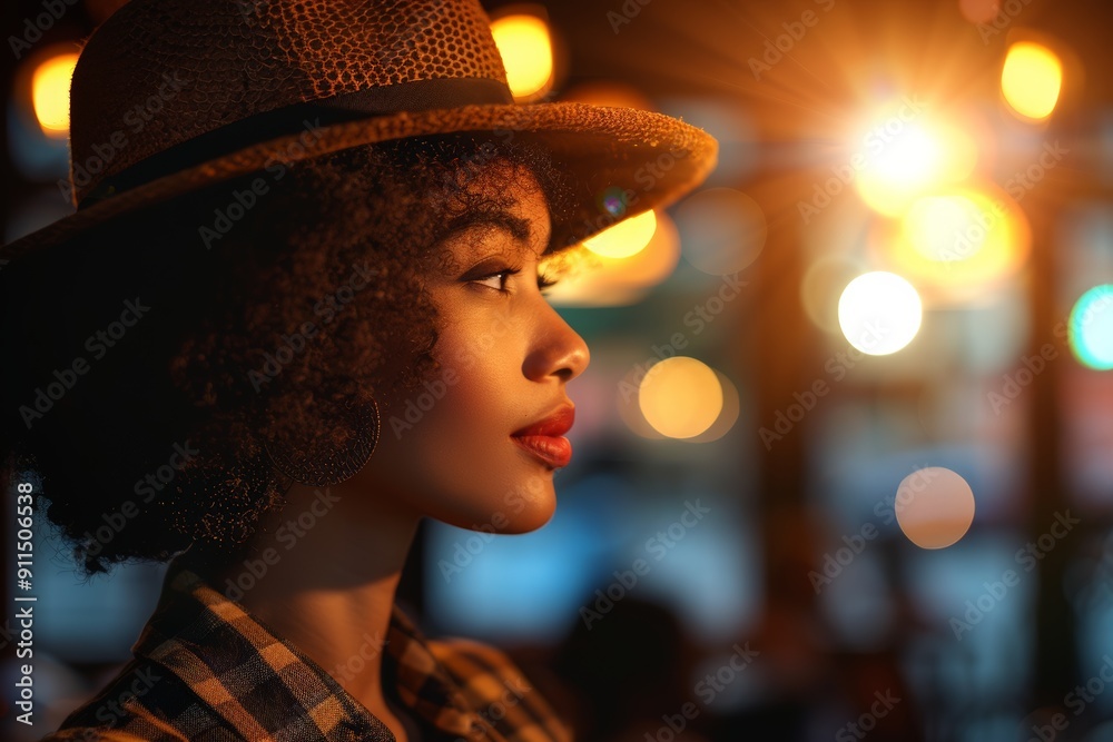 High-fidelity image stylish woman in hat, illuminated by warm bokeh lights, African American woman, with curly hair red lipstick, exudes confidence elegance, beautifully captured in glowing ambiance.