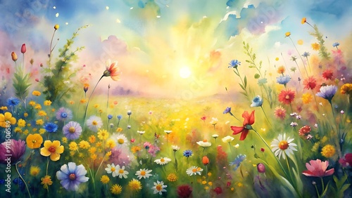 A Symphony of Sunlit Blooms: A Watercolor Impression of a Flower Meadow  AI generated photo