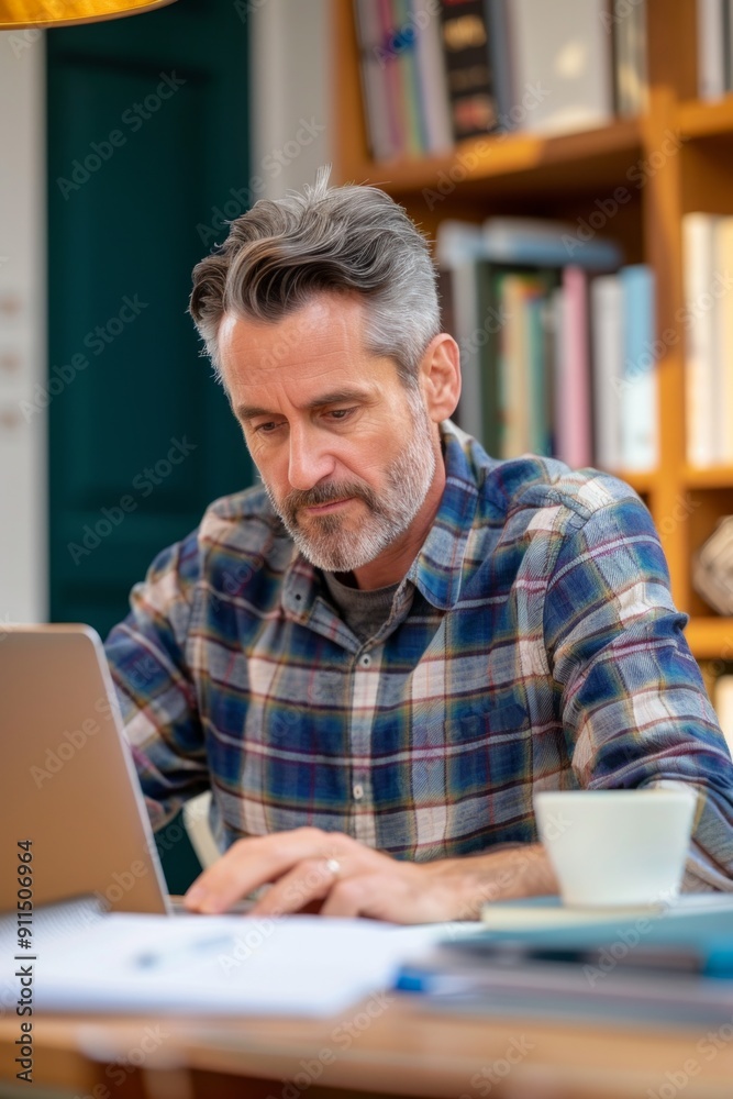 an educator preparing lessons, wearing a plaid shirt, with a focused expressio an educator preparing lessons, wearing a plaid shirt, with a focused expressio