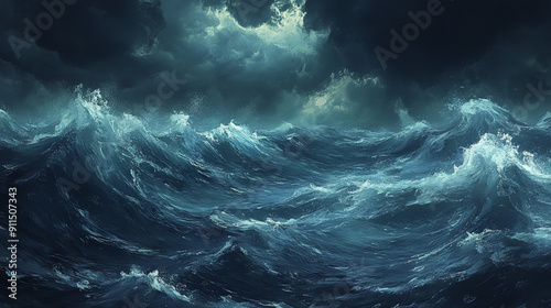 Illustrate a stormy sea with dark, turbulent waves, high winds, and dramatic skies, capturing the raw power and intensity of the ocean during a storm.