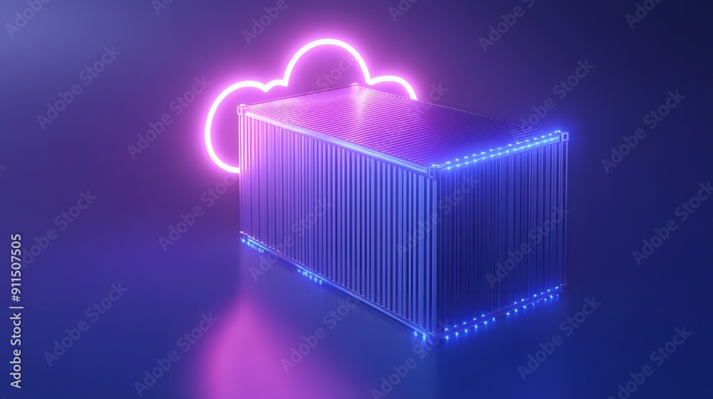 Futuristic neon container with glowing cloud icon. Concept of cloud computing and digital storage. Vibrant blue and pink lighting. Futuristic neon container with glowing cloud icon. Concept of cloud computing and digital storage. Vibrant blue and pink lighting.
