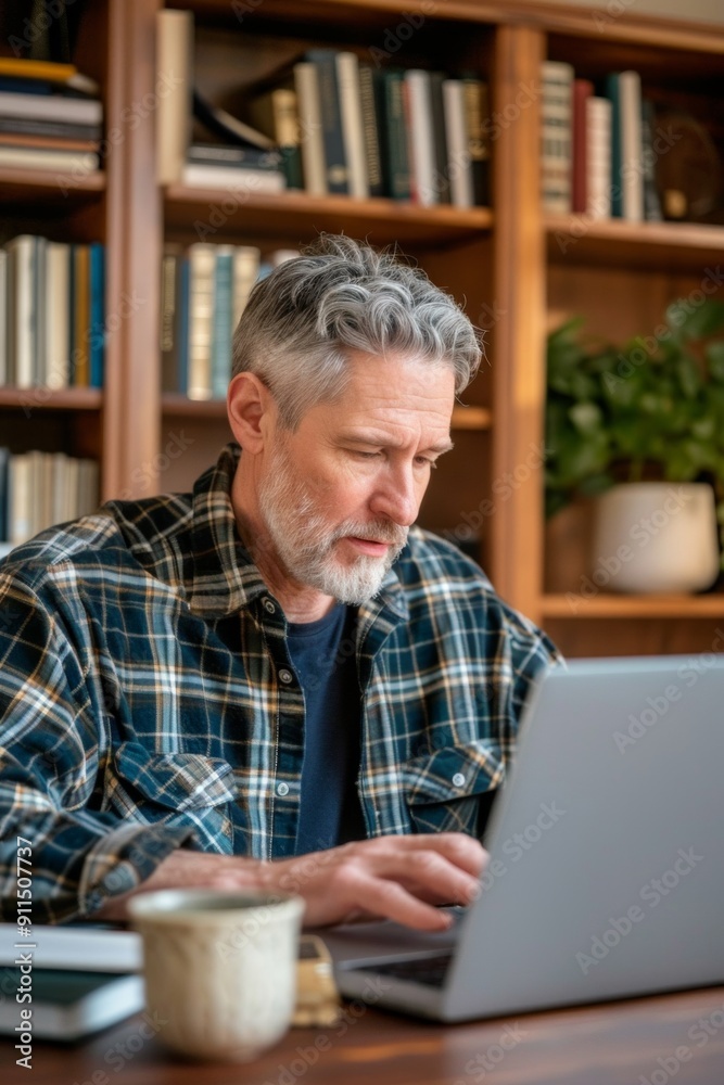A photograph of an educator preparing lessons, wearing a plaid shirt with a focused expression A photograph of an educator preparing lessons, wearing a plaid shirt with a focused expression