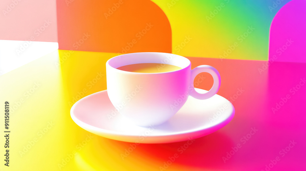 Fototapeta premium A white cup on a saucer sits on a reflective surface with a vibrant, colorful gradient background, creating a visually striking and modern art piece in this image.