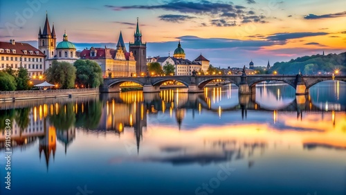Prague's Serene Dusk: A Glimpse of the Rasin Embankment and Palacky Bridge  Generative AI photo
