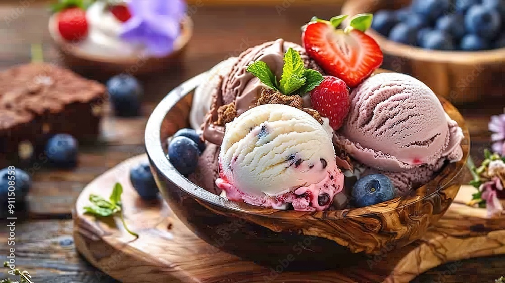 A bowl of vanilla ice cream with strawberry toppings and green mint ball and blueberry on top of brownie hot fudge placed on the wooden board and flora top table A bowl of vanilla ice cream with strawberry toppings and green mint ball and blueberry on top of brownie hot fudge placed on the wooden board and flora top table