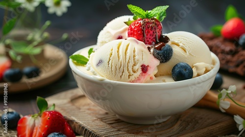 A bowl of vanilla ice cream with strawberry toppings and green mint ball and blueberry on top of brownie hot fudge placed on the wooden board and flora top table photo