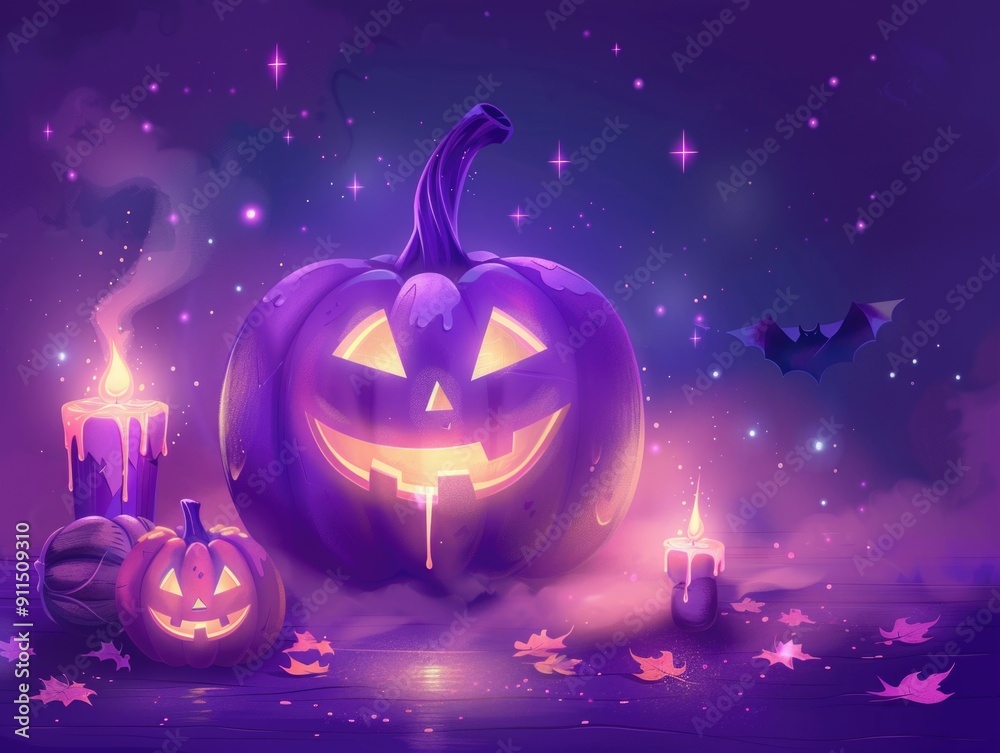 Fototapeta premium A spooky Halloween setting with a lit pumpkin and candles, perfect for autumn-themed designs or scary story illustrations