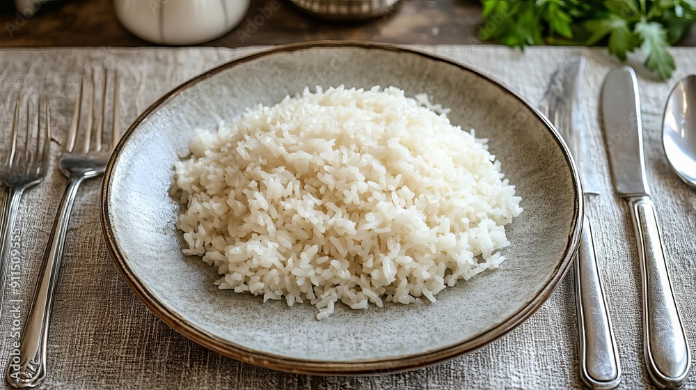 A plated meal of white rice served on a dining table A plated meal of white rice served on a dining table