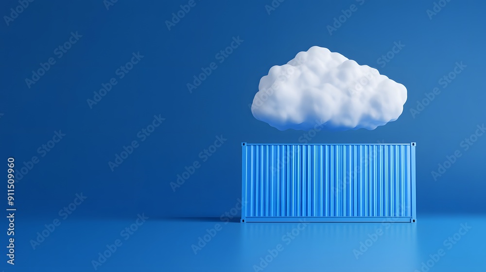 Minimalist blue container with a cloud hovering above. Concept of cloud storage and digital infrastructure. Clean and abstract design. Minimalist blue container with a cloud hovering above. Concept of cloud storage and digital infrastructure. Clean and abstract design.