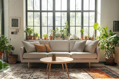 Wallpaper Mural A living room with a couch, coffee table, and potted plants. Interior designs Torontodigital.ca