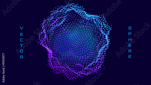 Abstract Deformed 3D Sphere. Bright Glowing Radial or Circular Digital Equalizer. 3D Illuminated Distorted Sphere of Glowing Particles and Lines. Visualization of Voice, Music Playback. Vector.