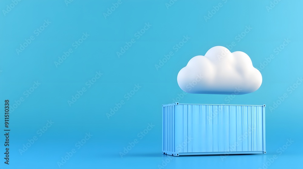 Minimalist illustration of a cloud hovering over a shipping container, symbolizing cloud storage and logistics on a bright blue background. Minimalist illustration of a cloud hovering over a shipping container, symbolizing cloud storage and logistics on a bright blue background.