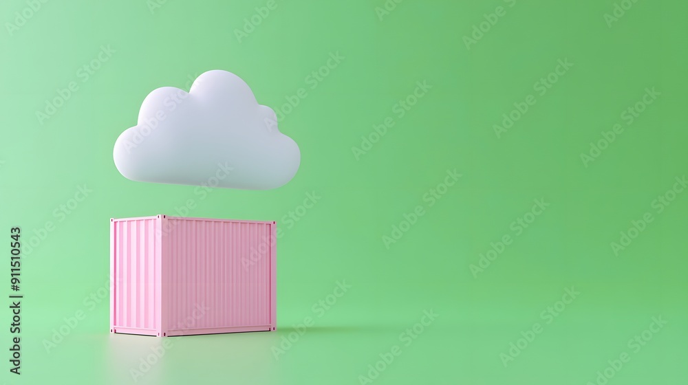 Minimalist image of a cloud above a pink shipping container against a green background, symbolizing cloud storage and services. Minimalist image of a cloud above a pink shipping container against a green background, symbolizing cloud storage and services.