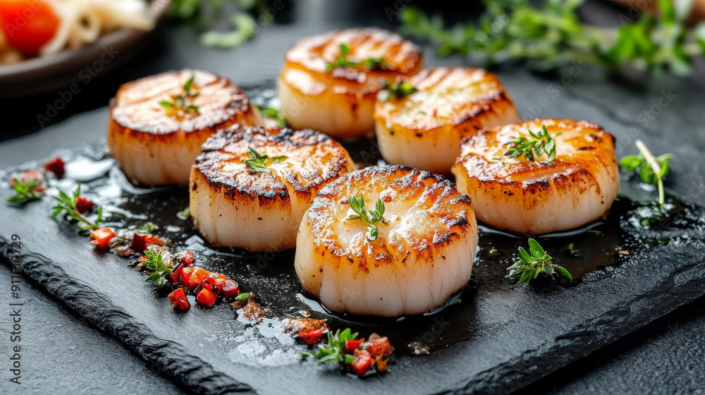 Pan-seared scallops served on a bed of tangy sauce, accompanied by fresh herbs and other ingredients, arranged on a dark slate platter.