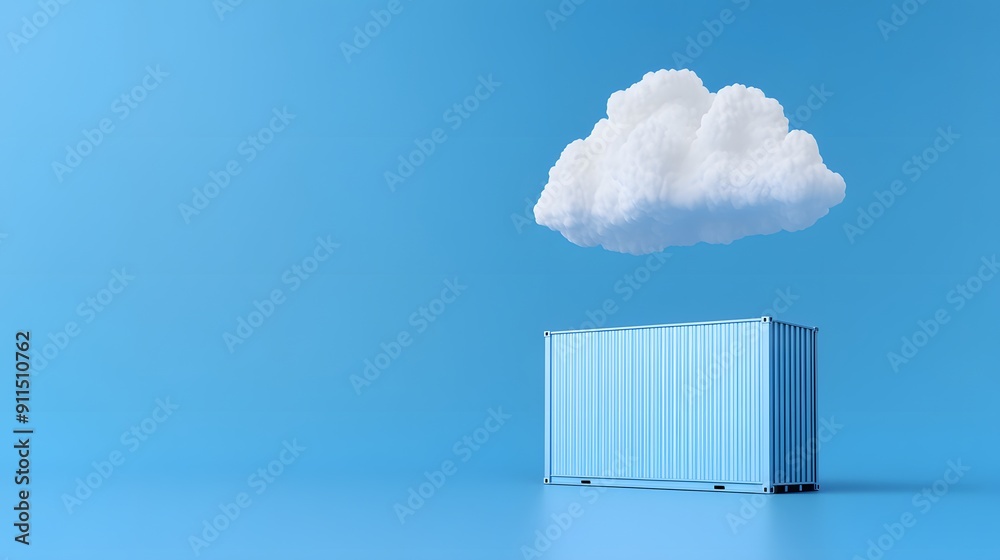 Minimalist image of a lone blue shipping container with a cloud above, set against a blue background. Creative concept of cloud computing. Minimalist image of a lone blue shipping container with a cloud above, set against a blue background. Creative concept of cloud computing.