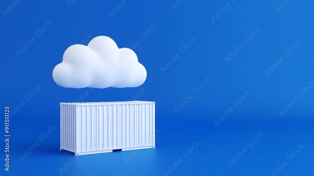 Minimalistic 3D illustration of a cloud computing concept with a cloud hovering over a storage container on a blue background. Minimalistic 3D illustration of a cloud computing concept with a cloud hovering over a storage container on a blue background.