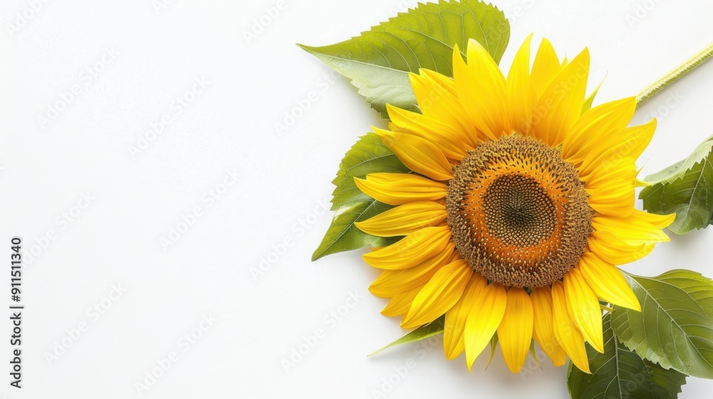 Obraz premium A blooming sunflower with a stem on a white background. 