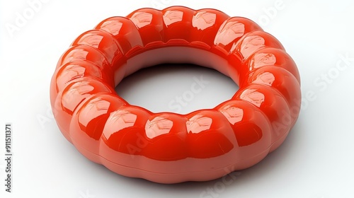 A circular object with a ridged outer edge and an inner red band placed against a neutral background photo