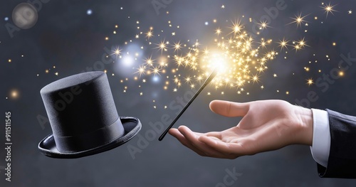 A magician's hand holds a magic wand and black top hat with a star light effect on a grey background photo