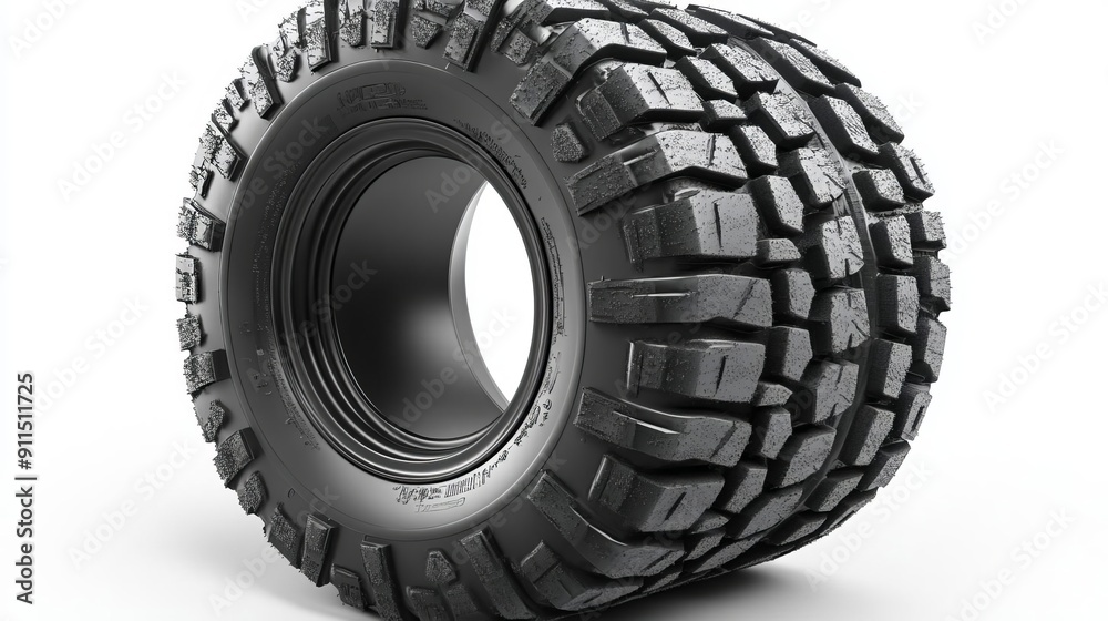 This is an image of a large black tire with a white rim on a vehicle The tire is in the foreground and is set against a light background that contrasts with the tires dark color This is an image of a large black tire with a white rim on a vehicle The tire is in the foreground and is set against a light background that contrasts with the tires dark color