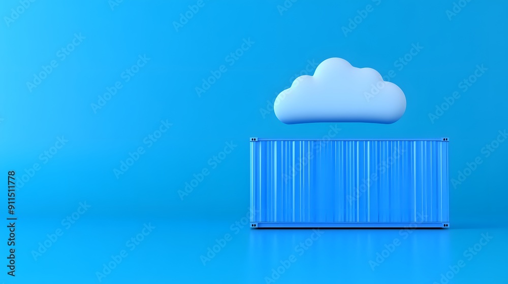 Minimalistic cloud computing concept with cloud icon floating above shipping container on blue background representing data storage. Minimalistic cloud computing concept with cloud icon floating above shipping container on blue background representing data storage.