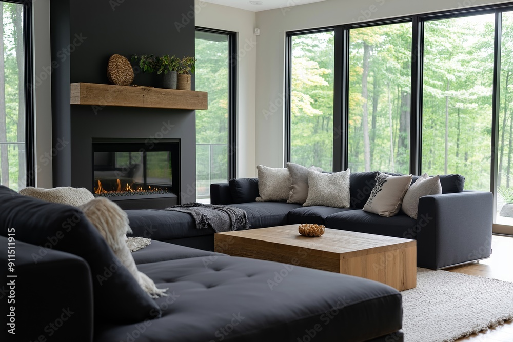 Fototapeta premium A living room with a black couch, a coffee table, and a fireplace. Interior designs