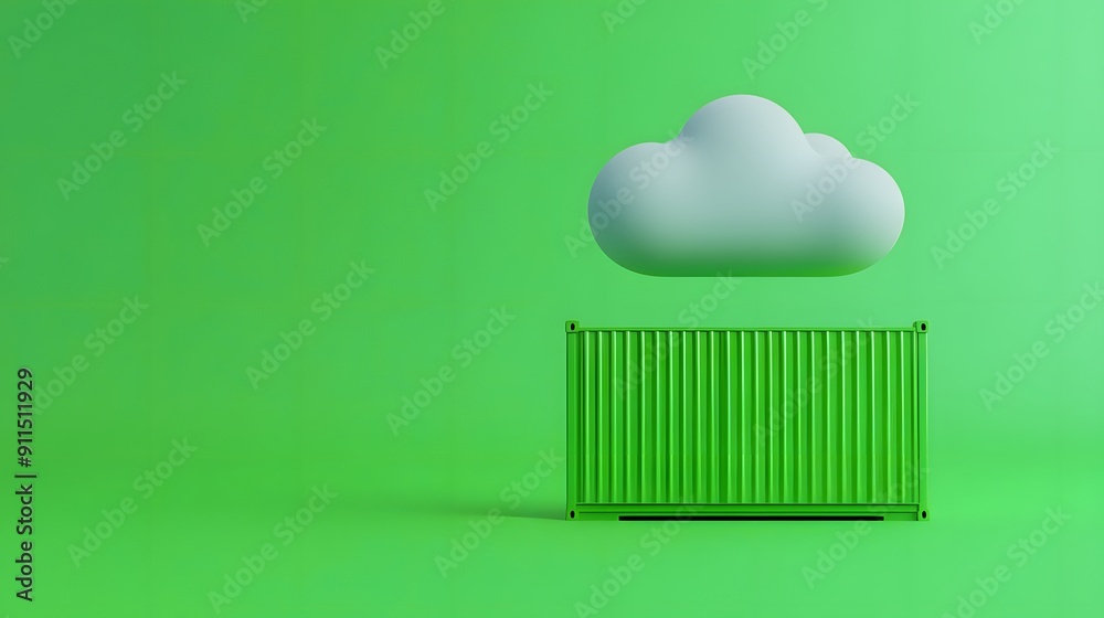 Minimalistic green scene with a cloud and container symbolizing cloud computing or data storage. Creative business technology concept. Minimalistic green scene with a cloud and container symbolizing cloud computing or data storage. Creative business technology concept.