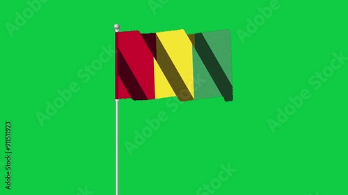 4K GUINEA flag old animation with pole waving on chroma key green screen