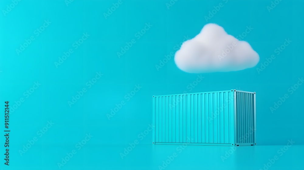 Minimalistic image of a single shipping container under a fluffy cloud against a bright blue background, evoking simplicity and tranquility.
