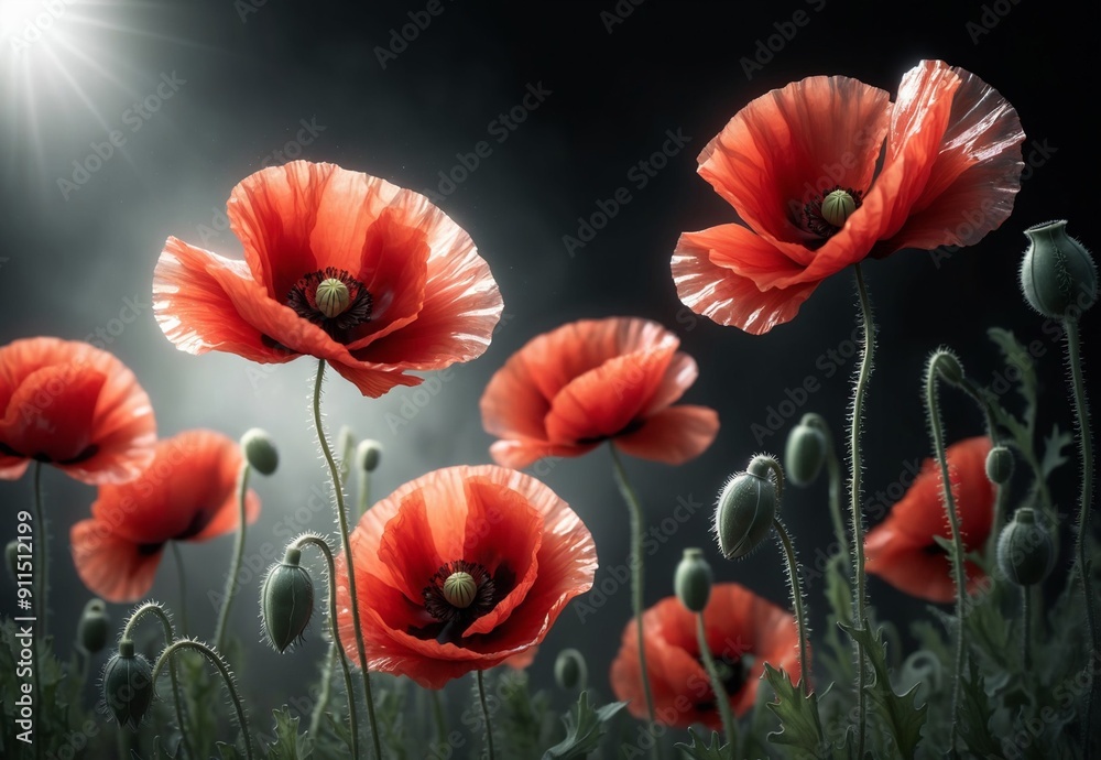 Obraz premium Bright red poppies along the road, the road leading to the sky, a symbol of remembrance