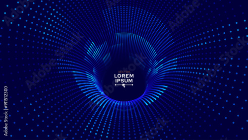 Blue Digital Tunnel or Wormhole. Wireframe Abstract Mesh with Hole. 3D Tunnel Grid Mesh. Blue Hi Tech Texture. Technology or Science Vector Illustation.