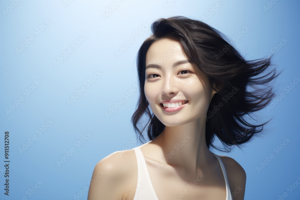 Asian model with beautiful skin on a blue background exuding confidence and elegance, perfect for advertising Asian model with beautiful skin on a blue background exuding confidence and elegance, perfect for advertising