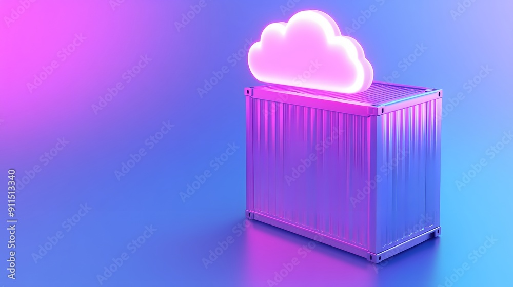 Neon cloud above a futuristic shipping container on a gradient blue and purple background, symbolizing cloud storage and technology. Neon cloud above a futuristic shipping container on a gradient blue and purple background, symbolizing cloud storage and technology.