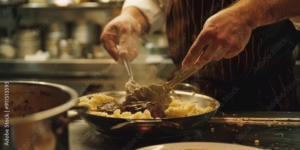 Fototapeta premium Chef preparing braised veal cheeks with creamy mashed potatoes in a restaurant kitchen