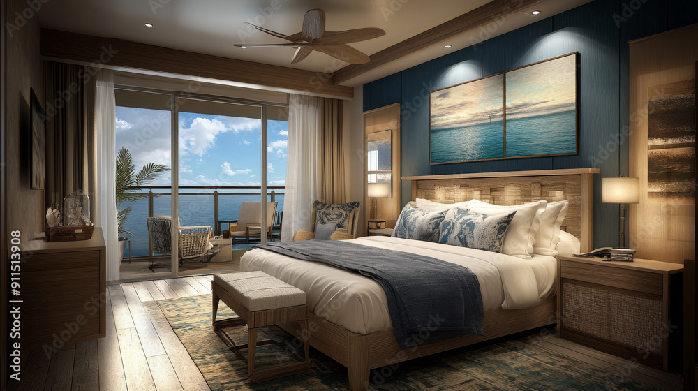 Depict the interior of a luxurious cabin or suite, featuring comfortable beds, private balconies with ocean views, and stylish decor, emphasizing the comfort and privacy of accommodations Depict the interior of a luxurious cabin or suite, featuring comfortable beds, private balconies with ocean views, and stylish decor, emphasizing the comfort and privacy of accommodations