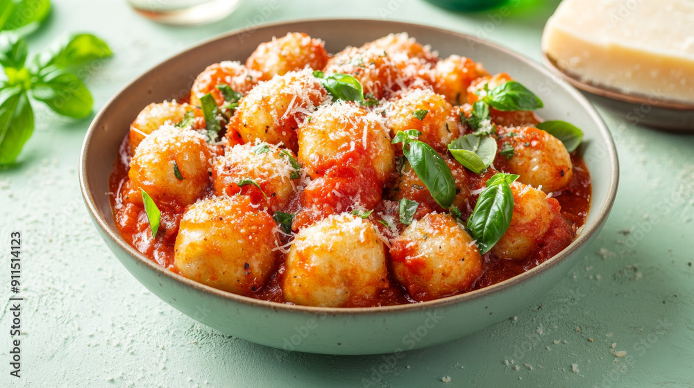 Potato dumplings in tomato sauce are a traditional Italian dish. They're served on a light green table with basil and Parmesan cheese. Potato dumplings in tomato sauce are a traditional Italian dish. They're served on a light green table with basil and Parmesan cheese.