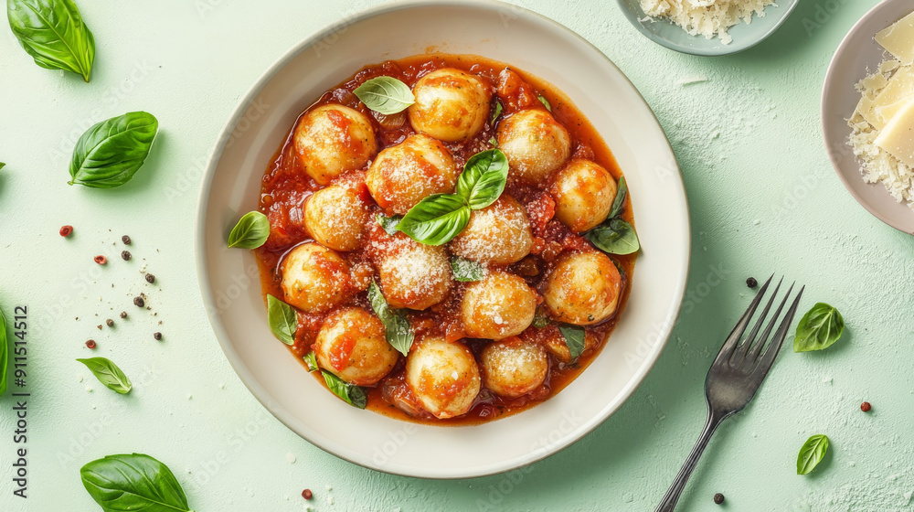 Potato dumplings in tomato sauce are a traditional Italian dish. They're served on a light green table with basil and Parmesan cheese. Potato dumplings in tomato sauce are a traditional Italian dish. They're served on a light green table with basil and Parmesan cheese.