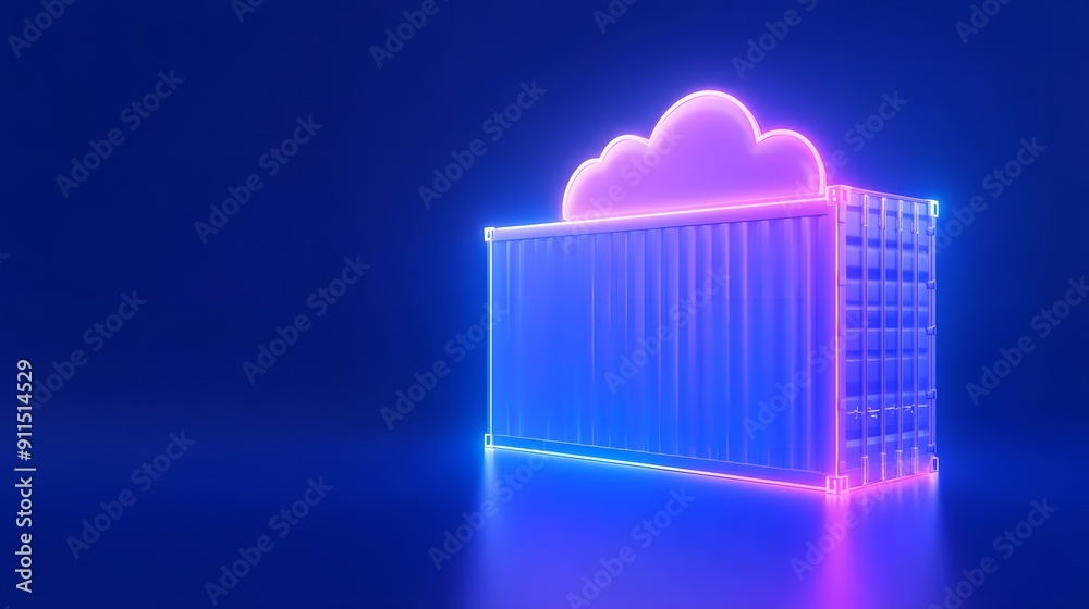 Neon illustration of a container with a cloud. Symbolizing cloud computing and digital storage. Bright, futuristic, and tech-themed visual. Neon illustration of a container with a cloud. Symbolizing cloud computing and digital storage. Bright, futuristic, and tech-themed visual.