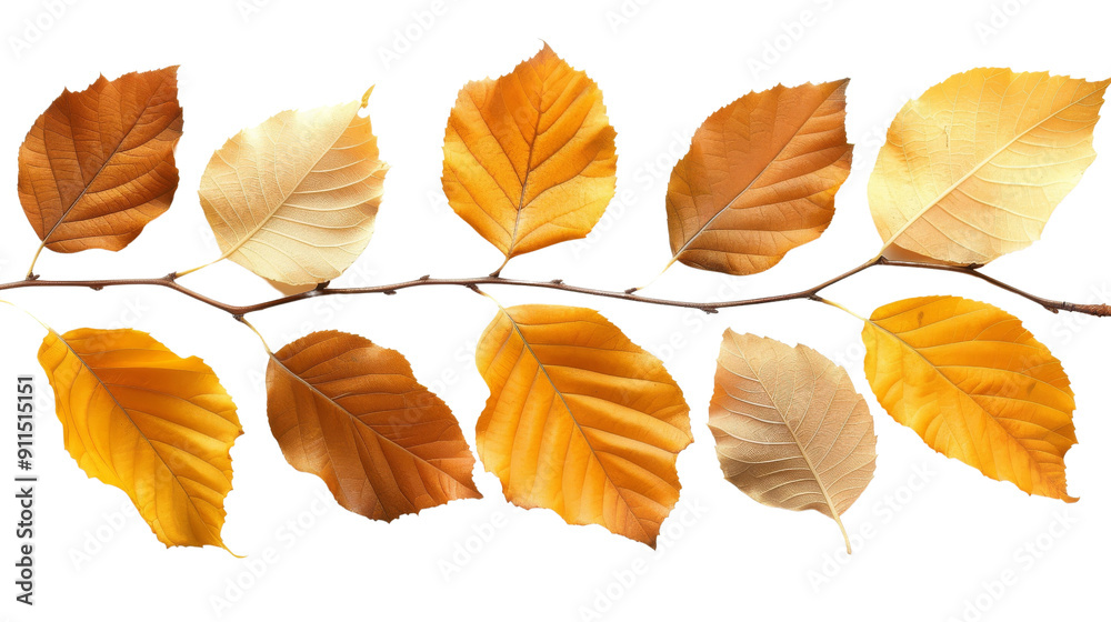 Branch of autumn leaves in various shades of orange and brown isolated on white background, perfect for seasonal design. Branch of autumn leaves in various shades of orange and brown isolated on white background, perfect for seasonal design.