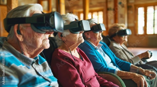 Group of seniors exploring virtual reality with VR headsets in a community center photo