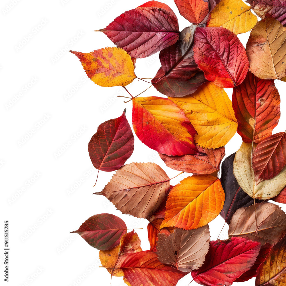 Fototapeta premium Colorful autumn leaves scattered on a white background, perfect for seasonal designs, backgrounds, and fall themes.