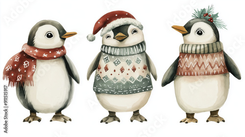 Three adorable penguins dressed in festive winter attire, perfect for holiday designs and seasonal illustrations. photo