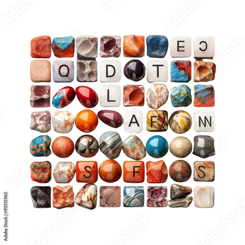 Colorful stones and letter cubes arranged in a grid pattern, creating an artistic and visually appealing mosaic. Ideal for design projects.