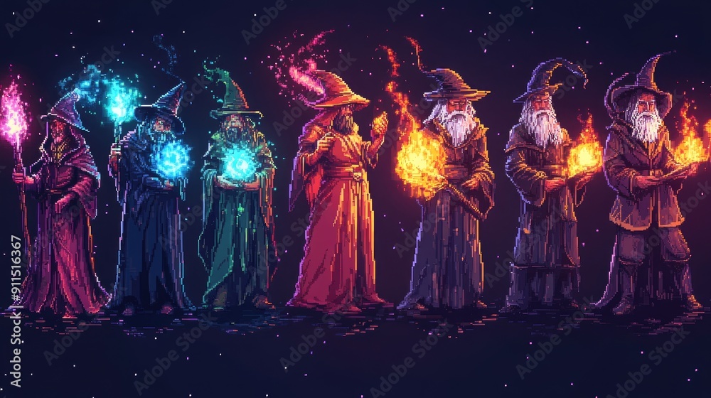 32x32 pixel art wizards casting spells in various poses for a top-down fantasy dungeon game. 32x32 pixel art wizards casting spells in various poses for a top-down fantasy dungeon game.